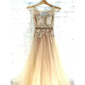 Andrea & Leo Couture Champagne Lace Tulle Size 4 Beaded Empire Waist Formal Gown